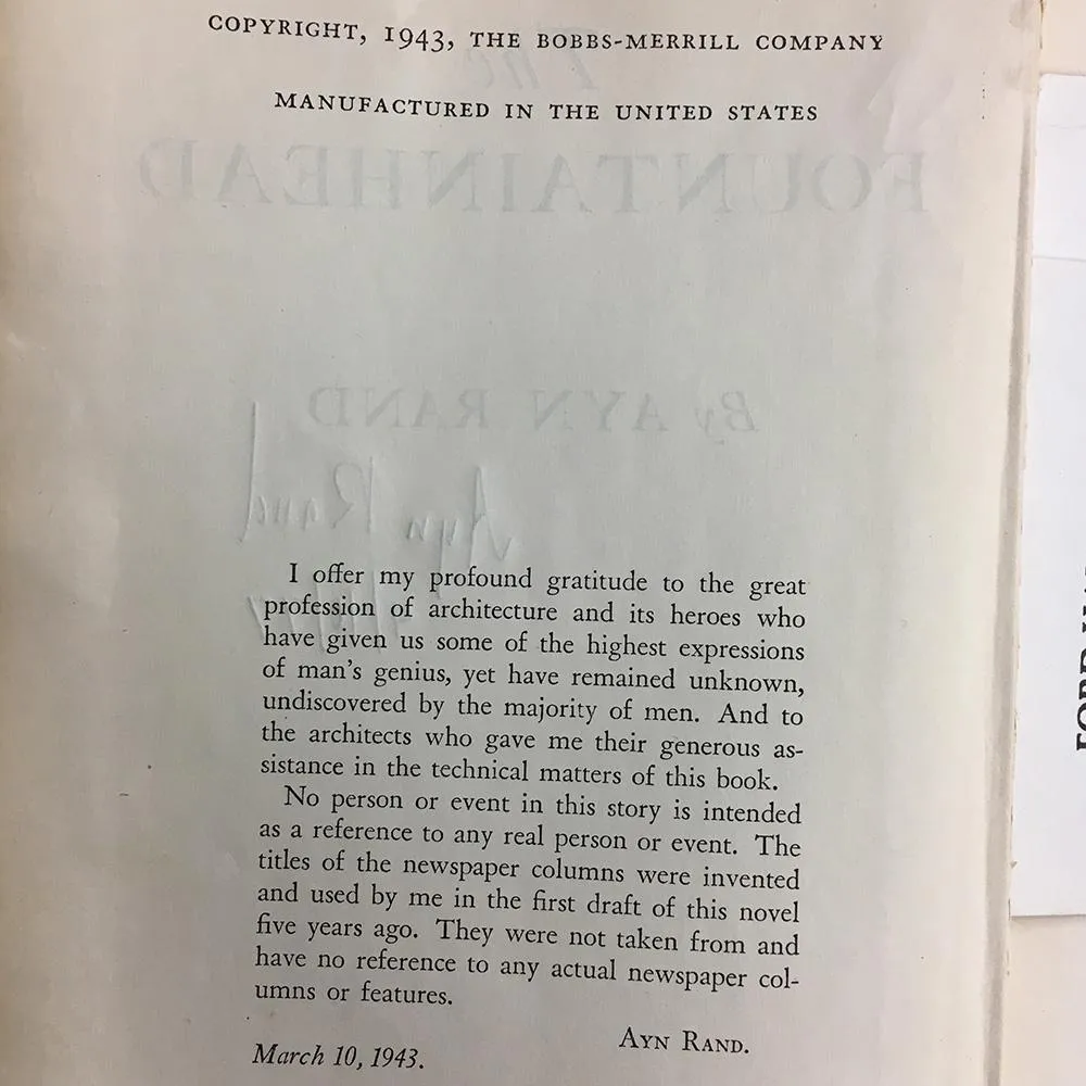 Signed Early Edition/Printing - The Fountainhead by Ayn Rand - 1943, Bobbs-Merrill