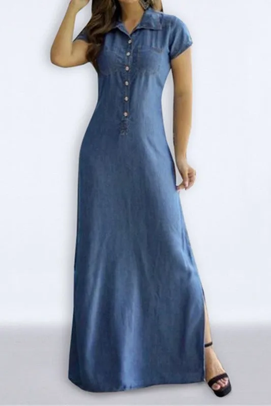 Split Pocket Large Swing Denim Dress