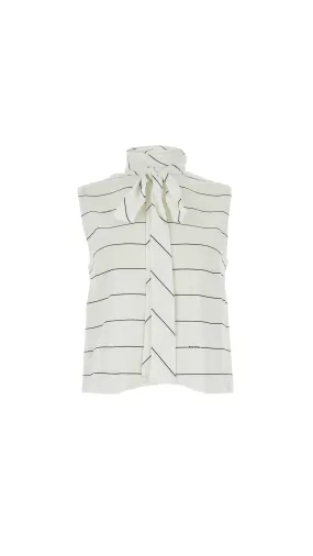 Striped Neck-Tie Top In Viscose Sablé - White\Blue