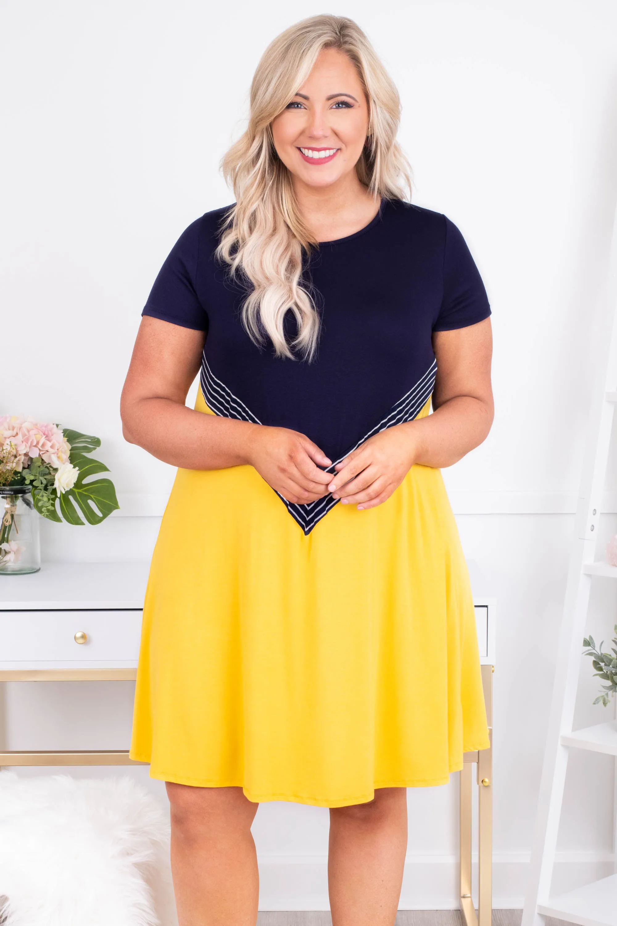 Traveling the World Dress, Navy-Mustard