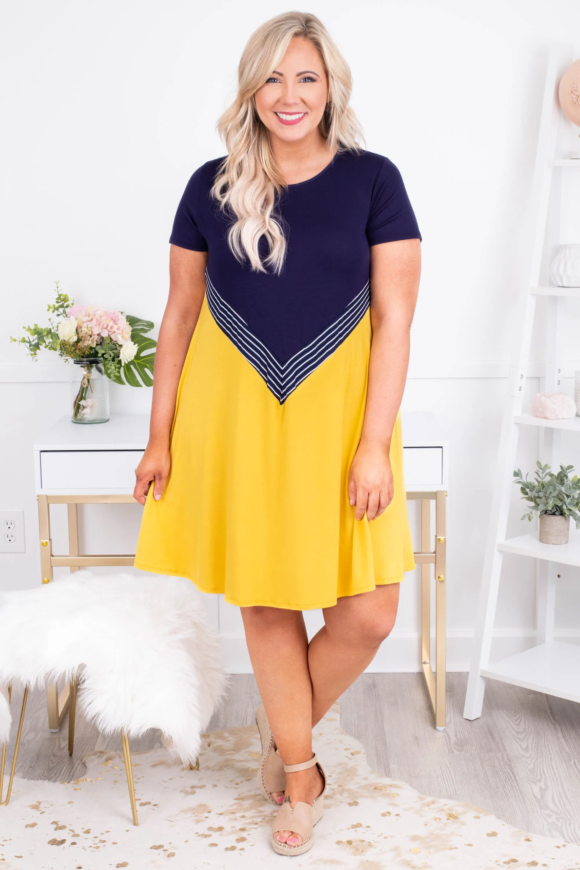 Traveling the World Dress, Navy-Mustard