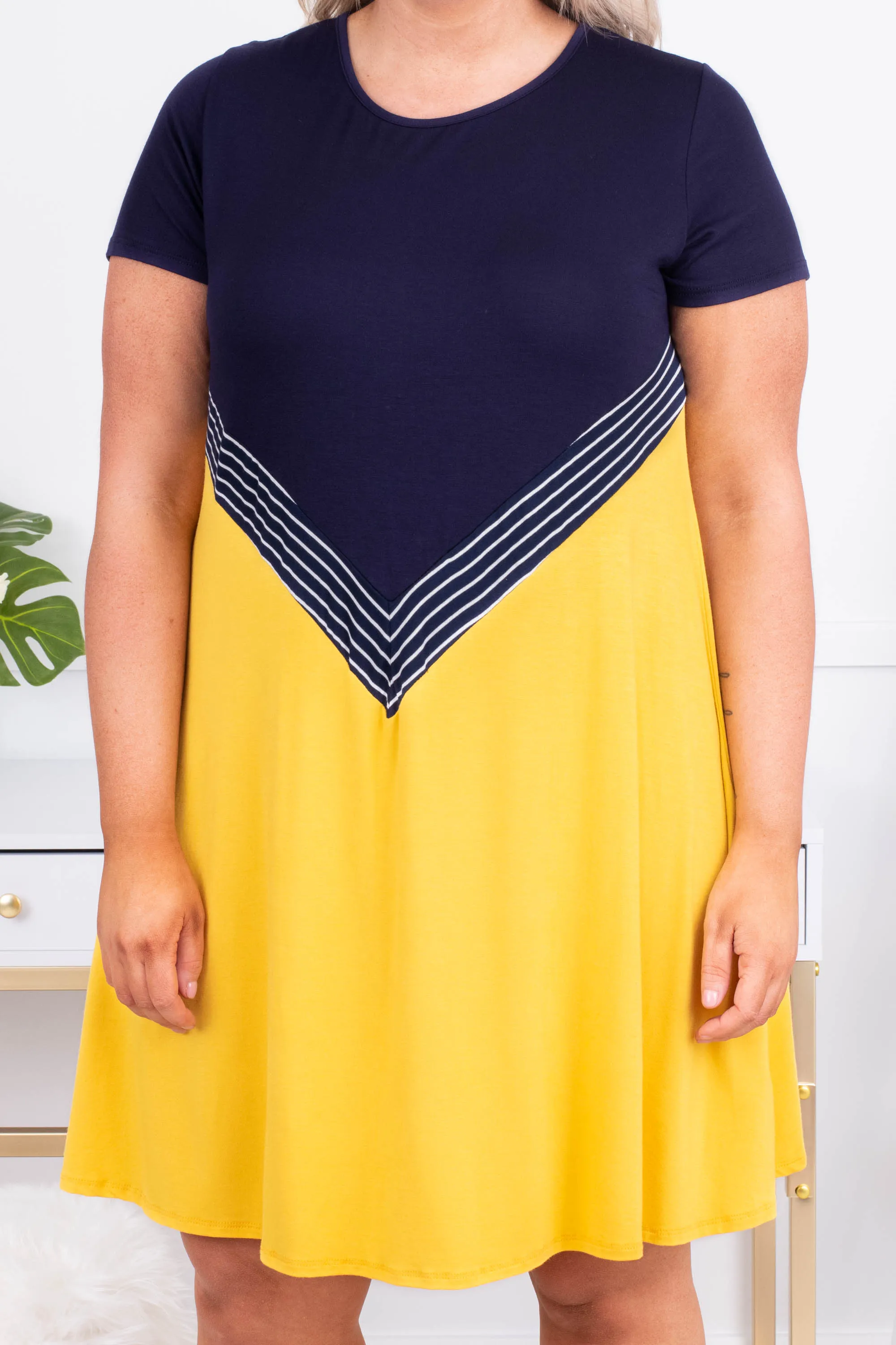 Traveling the World Dress, Navy-Mustard