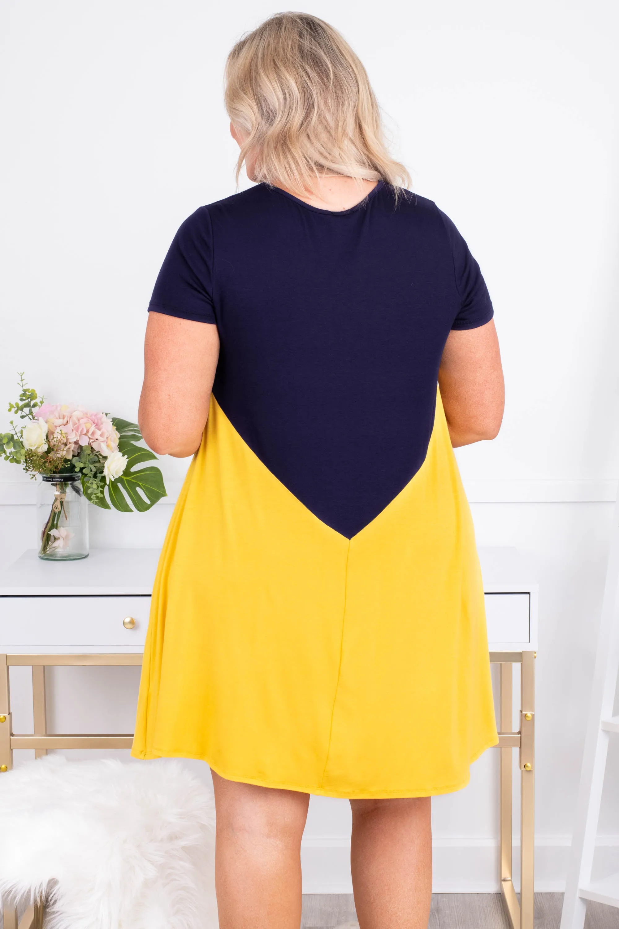 Traveling the World Dress, Navy-Mustard