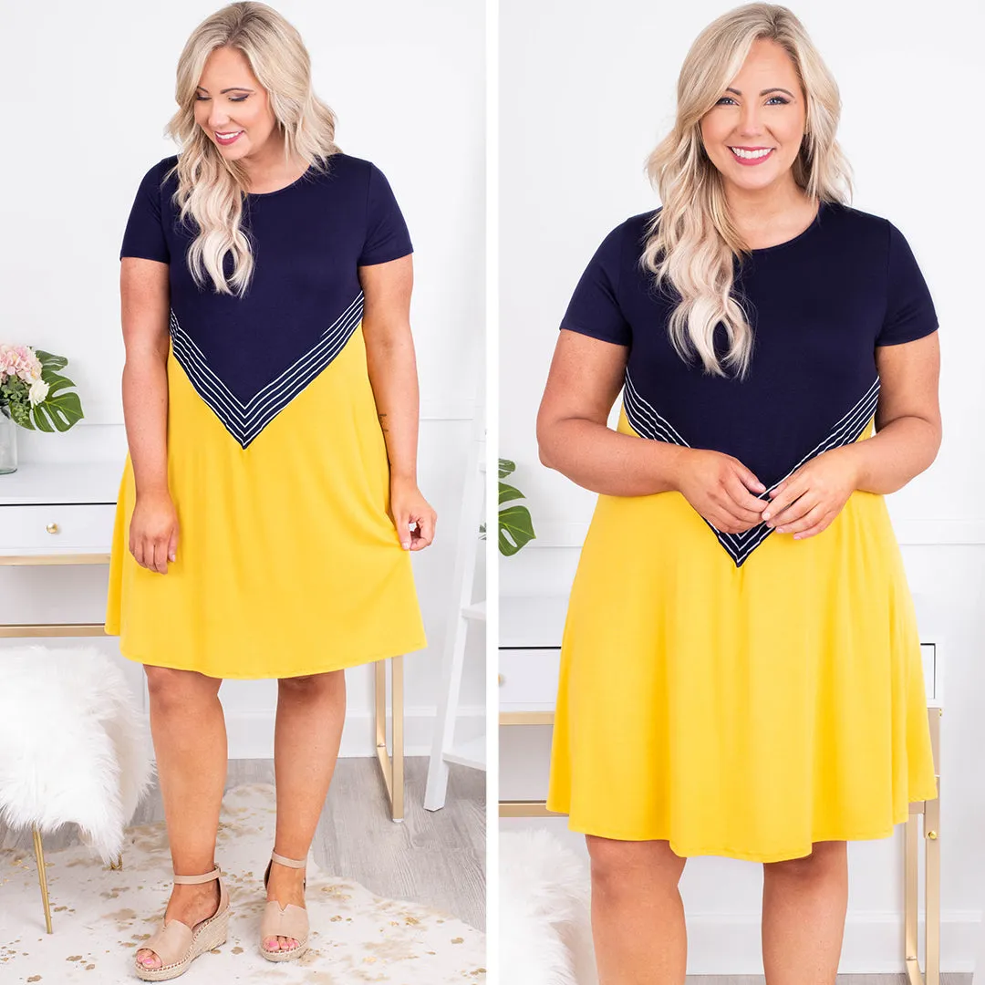 Traveling the World Dress, Navy-Mustard