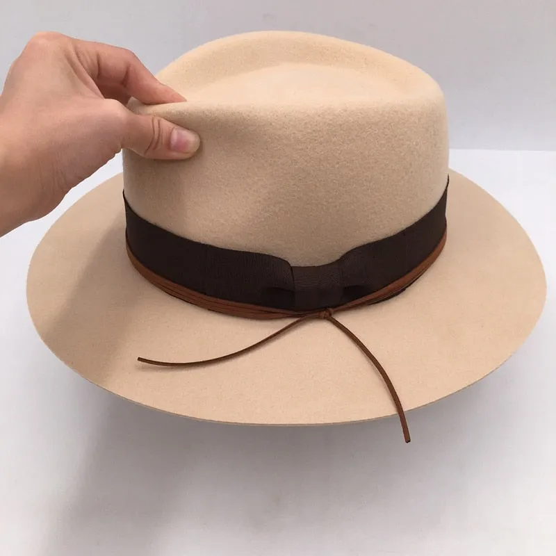 Unisex Winter Fashion British Embroidery Camel Wool Felt Wide Brim Hat