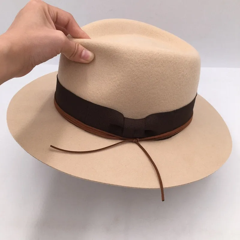 Unisex Winter Fashion British Embroidery Camel Wool Felt Wide Brim Hat