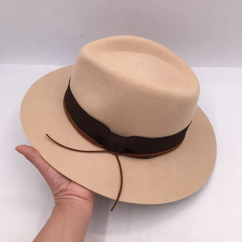 Unisex Winter Fashion British Embroidery Camel Wool Felt Wide Brim Hat