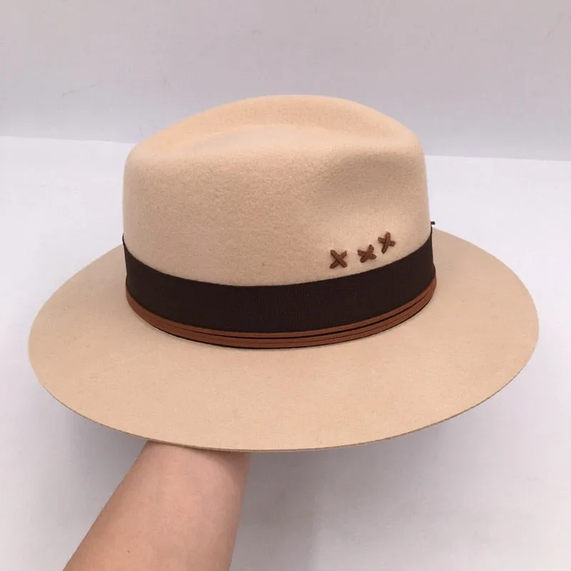 Unisex Winter Fashion British Embroidery Camel Wool Felt Wide Brim Hat