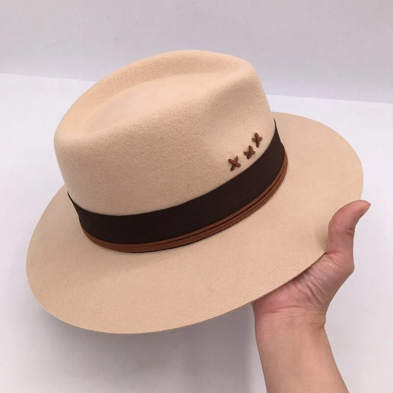 Unisex Winter Fashion British Embroidery Camel Wool Felt Wide Brim Hat