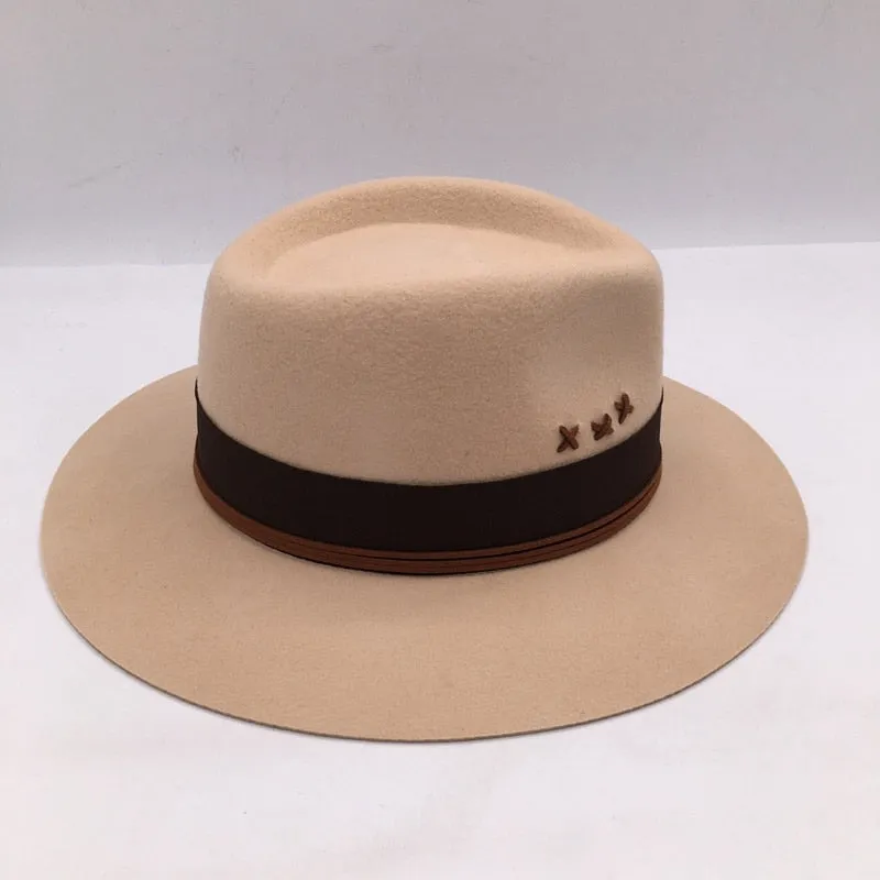 Unisex Winter Fashion British Embroidery Camel Wool Felt Wide Brim Hat