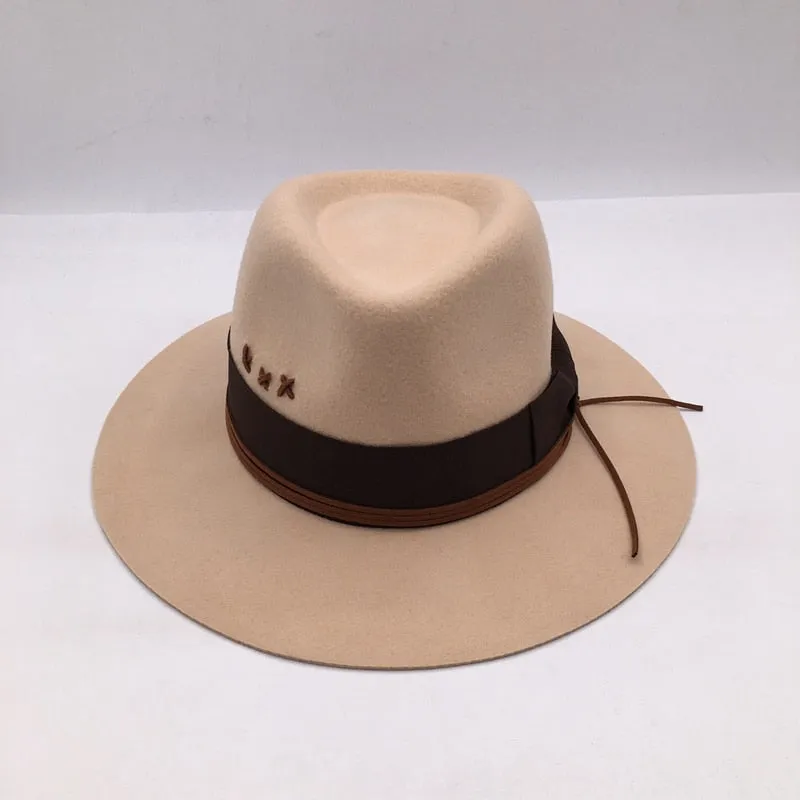 Unisex Winter Fashion British Embroidery Camel Wool Felt Wide Brim Hat