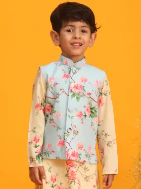 VASTRAMAY Boys Aqua Blue Floral Printed Nehru Jacket