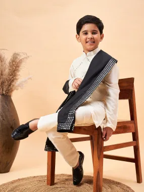 VASTRAMAY Boy's Cream Mirror Work Jacket And Solid Kurta Pyjama Set With Black Ethnic Dupatta