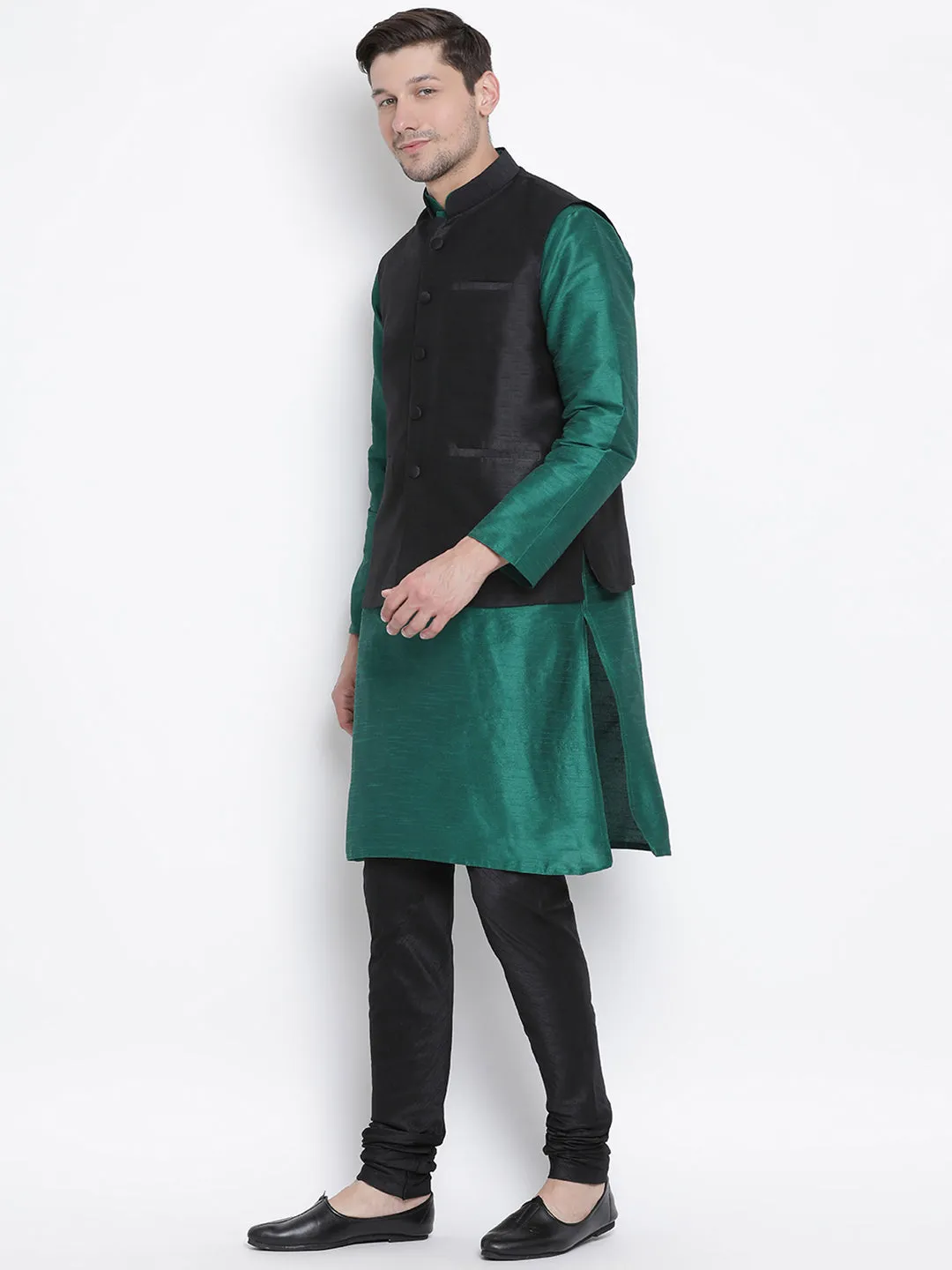 VASTRAMAY Men's Green Cotton Silk Blend Kurta, Ethnic Jacket and Pyjama Set