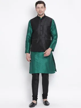 VASTRAMAY Men's Green Cotton Silk Blend Kurta, Ethnic Jacket and Pyjama Set