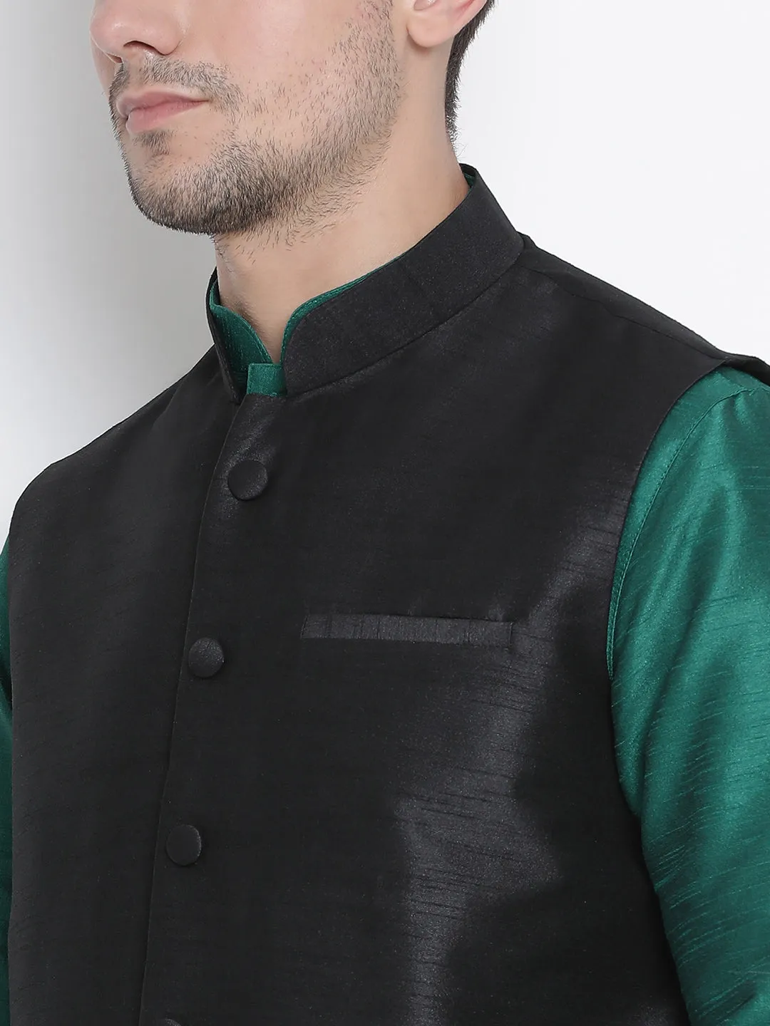 VASTRAMAY Men's Green Cotton Silk Blend Kurta, Ethnic Jacket and Pyjama Set