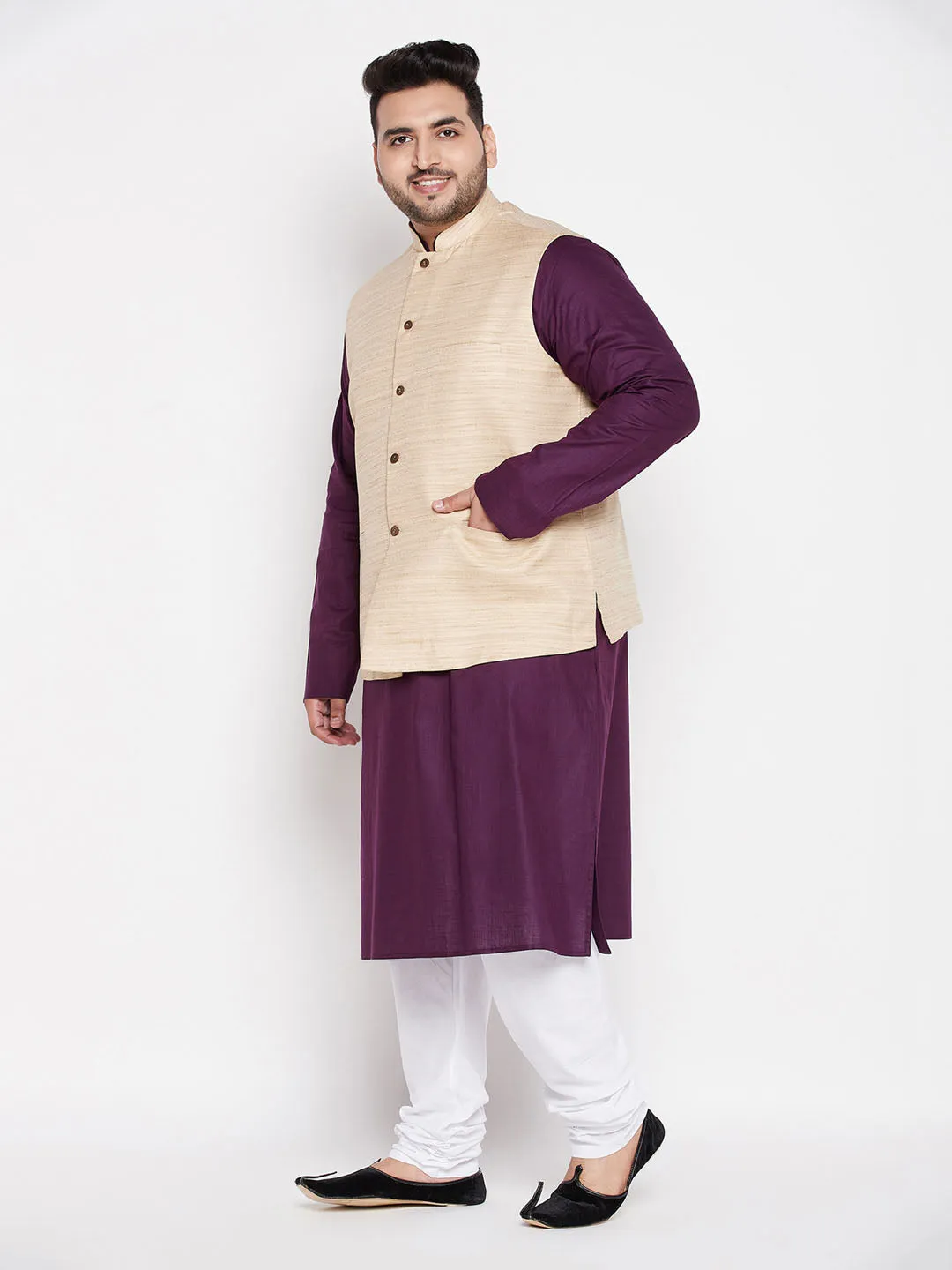 VASTRAMAY Men's Plus Size Beige Solid Jacket With Purple Solid Kurta And White Pyjama Set